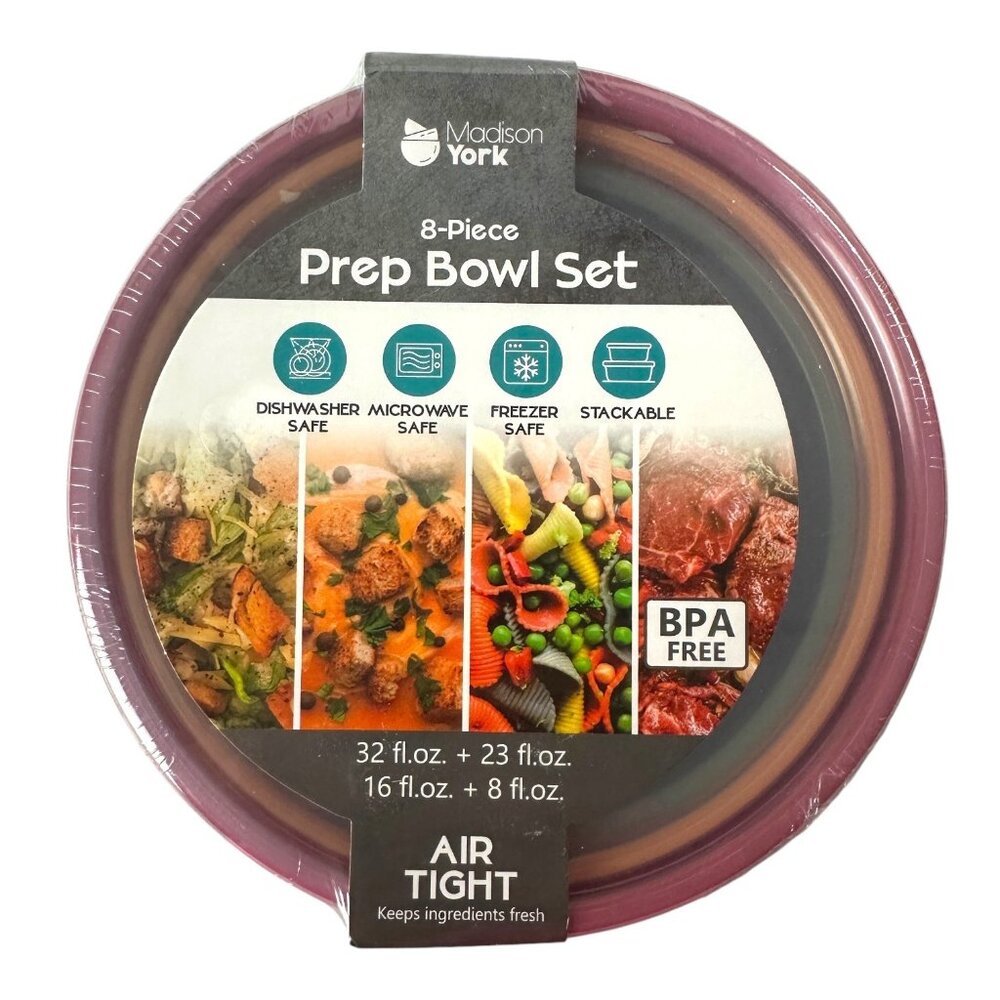 Madison York 8-Piece Prep Bowl Set With Airtight Lids - Dishwasher Microwave Fre